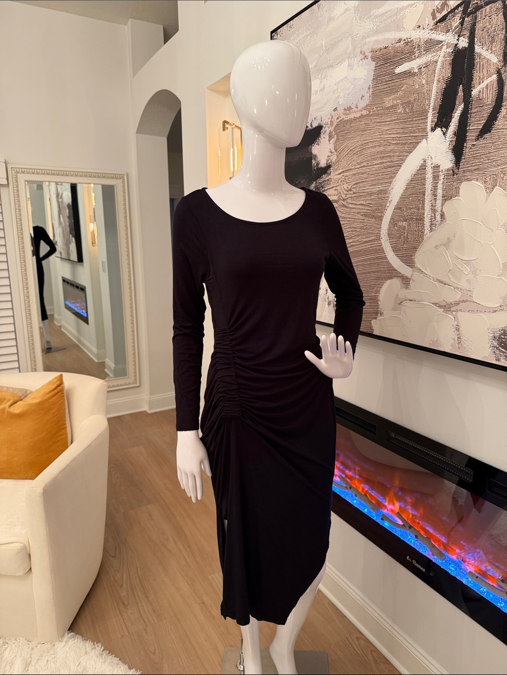 Black Long-Sleeve Ruched Midi Dress by
